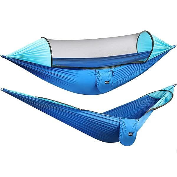 G4Free Large Camping Hammock with Mosquito Net Lightweight 2 Person Parachute Swing Bed for Outdoor Backpacking Hiking Blue Light Blue