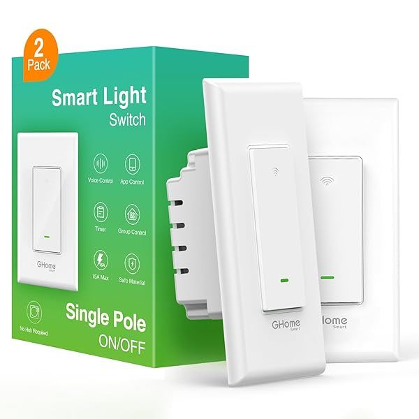 GHome Smart Switch 2.4Ghz Wi-Fi Works with Alexa Google Assistant Single-Pole Neutral Wire Required UL Certified Remote Control 2 Pack White