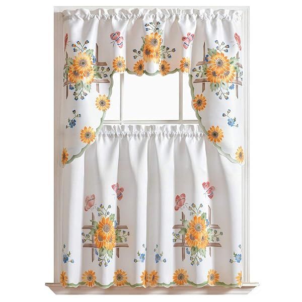 GOHD 3pcs Farmhouse Kitchen Curtain Set - Hand-Painted Sunflower & Butterfly Design on Thick Satin Fabric