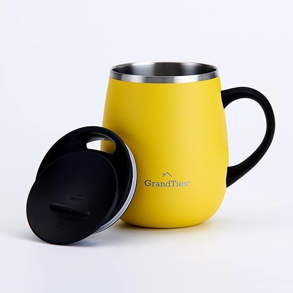 GRANDTIES Insulated Coffee Mug with Handle - 16 oz Splash-Proof Thermos for Hot & Cold Drinks - Stylish Lemon Design