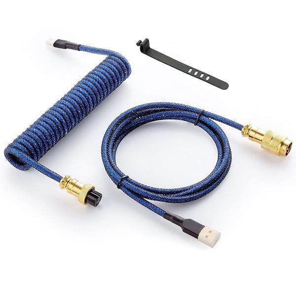 GUNMJO Starlight Coiled USB C Keyboard Cable 1.5M for Gaming with Detachable Metal Aviator Blue Color Gold Connector