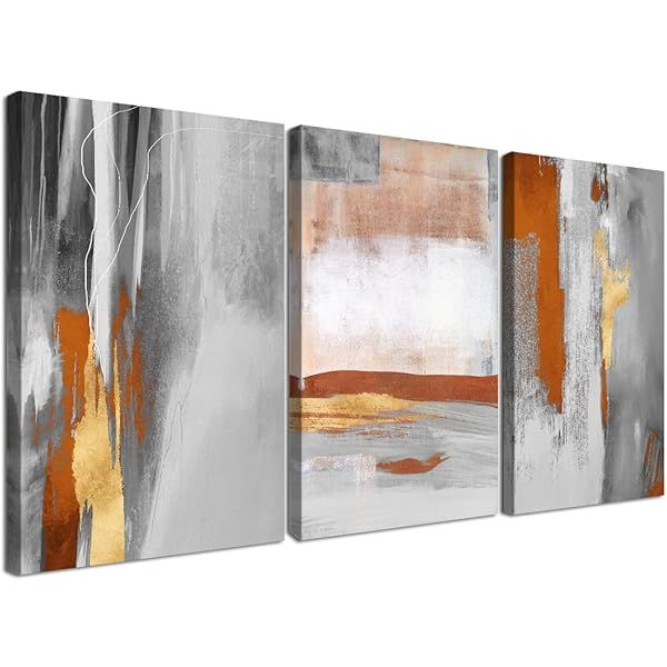 Gardenia Art 3 Piece Framed Wall Art Set Abstract Canvas Paintings for Living Room Bedroom Office Decor 24x16inch Grey Gold Orange