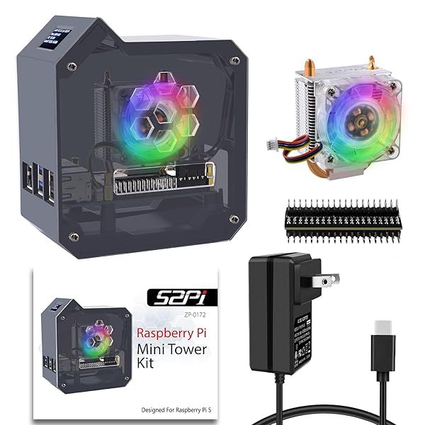 GeeekPi Mini Tower Kit with Power Supply and Cooling for Raspberry Pi 5 Case OLED Module RGB Fan Heatsink GPIO Expansion Board
