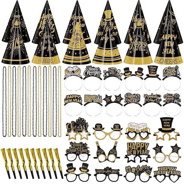 Gemscream 120 Pcs New Years Eve Party Supplies 2025 for 24 Guests Glasses Headbands Hats Noise Makers Bead Necklaces Black Gold