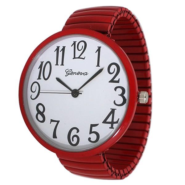 Geneva Super Large Stretch Watch with Clear Numbers for Easy Reading in Red Color