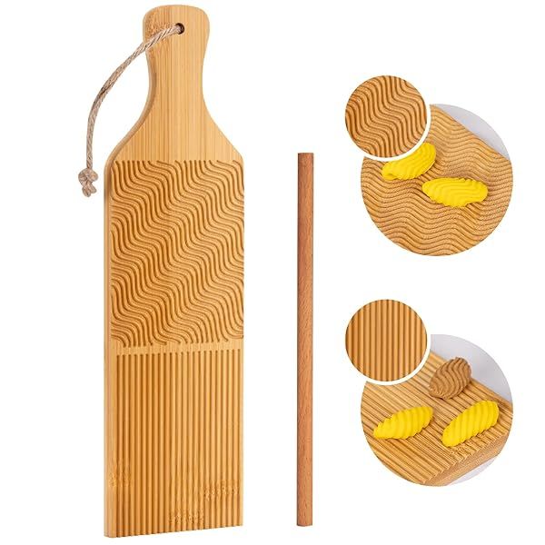 Handcrafted Gnocchi Board & Paddle Set - Bamboo Pasta Maker with Ridges for Perfect Gnocchi & Cavatelli
