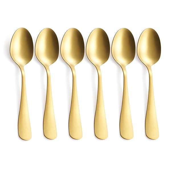 GoGeiLi Matte Gold Dessert Spoon Set of 6 Stainless Steel 6.8 Inch Satin Finish Teaspoons Dishwasher Safe for Coffee and Espresso