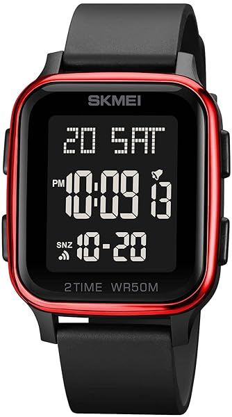 Gosasa Classic Square Face Unisex Digital Multifunction Outdoor Casual Watch 50M Waterproof LED Light Wristwatch Red