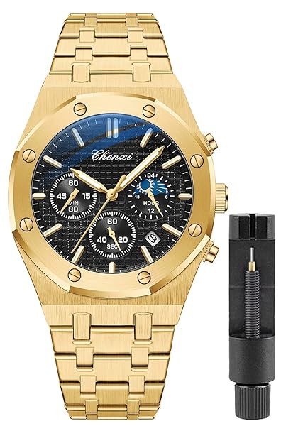 Gosasa Luxury Men's Chronograph Quartz Watch Waterproof Stainless Steel Strap Gold Black Fashion Wristwatch for Business and Casual Wear