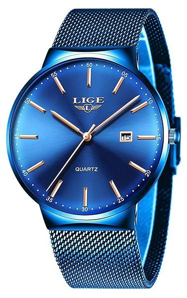 Gosasa Luxury Ultra Thin Mens Bracelet Watch Stainless Steel Mesh Date Sports Quartz Wrist Watch for Men in Blue