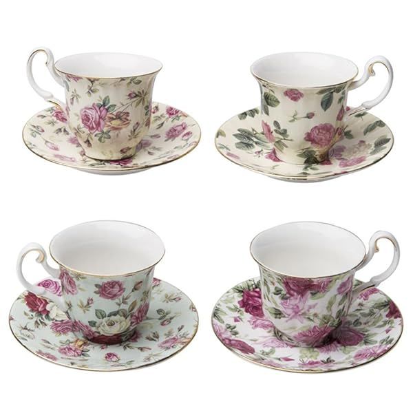 Gracie China Rose Chintz Espresso Cup Set - 4 Gold Trimmed Porcelain Demitasse Cups & Saucers