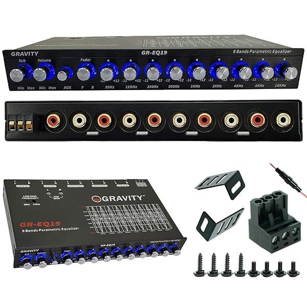 Gravity EQ19 1/2 Din 9 Band Car Audio Equalizer with 9V Outputs and AUX/DVD Select Switch for Enhanced Sound Quality