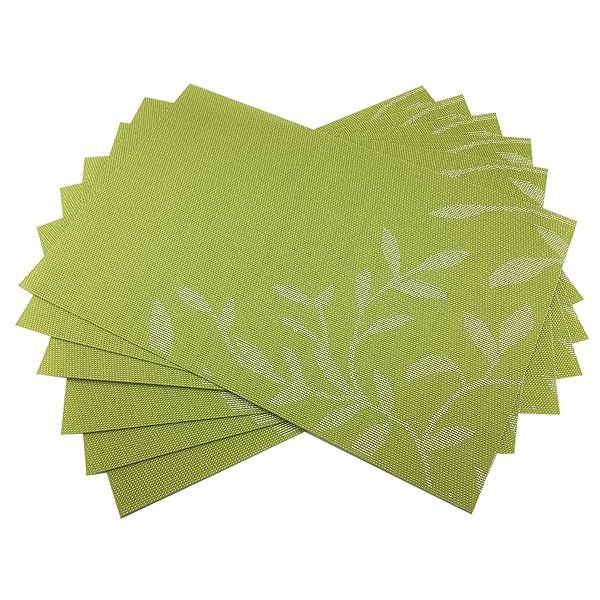 Gugrida PVC Table Mats Set of 6 - Woven Vinyl Placemats in Natural Green Leaves Design