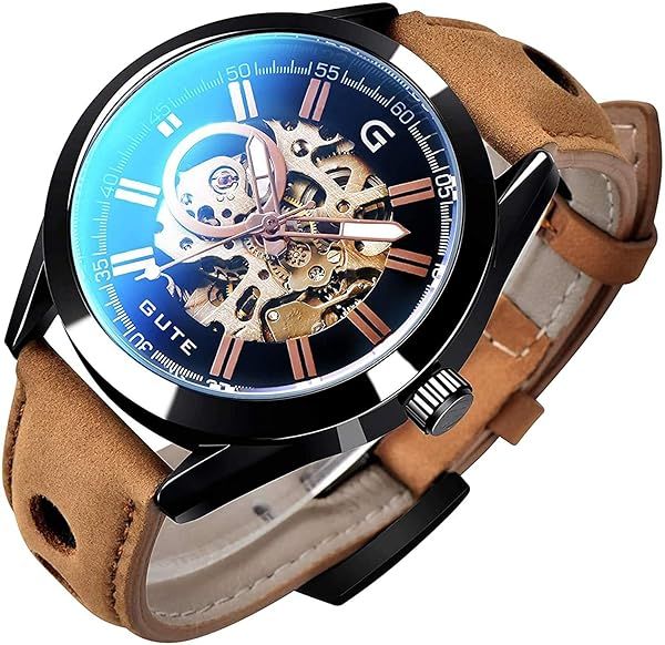 Gute Mens Mechanical Skeleton Automatic Steampunk Watch Casual Brown Leather Wrist Watch
