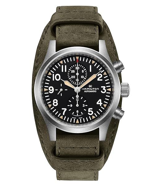 Buy Hamilton Khaki Field Auto Chrono Watch | Swiss Made 44mm Stainless Steel | Black Dial & Green Leather Strap (H71706830)