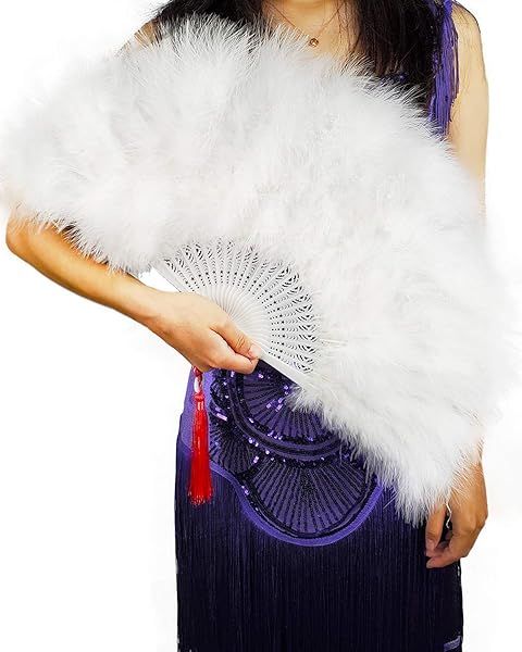 Happy Feather Handheld Marabou Fan - 1920s Vintage Flapper Style for Costume Parties & Dancing - Elegant White Accessory