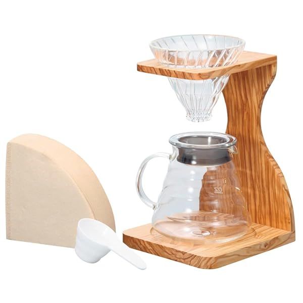 Hario V60 Olive Wood Pour Over Stand Set for Perfect Coffee Brewing at Home