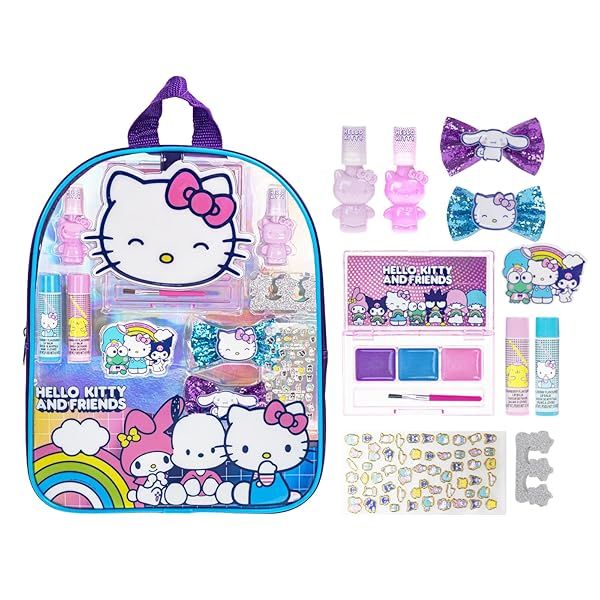 Hello Kitty Makeup Backpack Set for Kids - 12-Piece Beauty Kit with Lip Gloss, Nail Polish & More | Perfect for Parties & Sleepovers