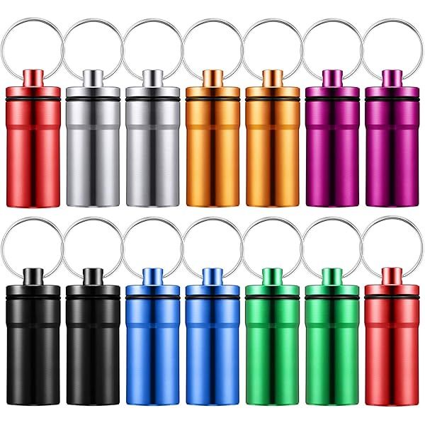 Hotop 14 Pieces Portable Pill Holder Keychain Waterproof Aluminum Mini Tablet Storage Case for Outdoor Camping and Travel in 7 Colors