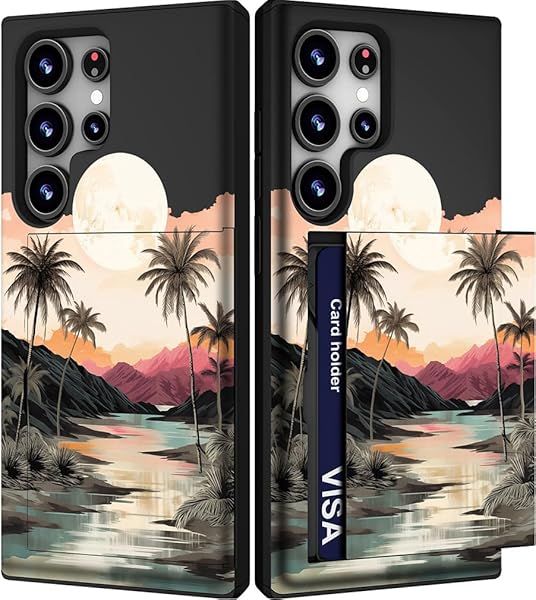 IWONE Samsung Galaxy S24 Ultra Case Cute Card Holder Slim Wallet Phone Cover for Women Tropical Beach Palm Trees Ocean Sunset Design