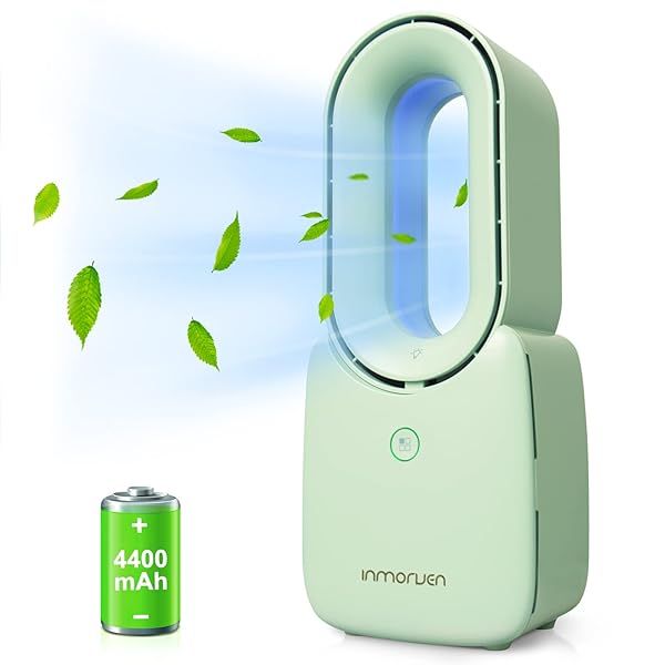 Inmorven Bladeless Desk Fan 4400mAh 11.8 Inch Portable Quiet Air Multiplier Cooler with Touch Control LED Light for Home Office Green