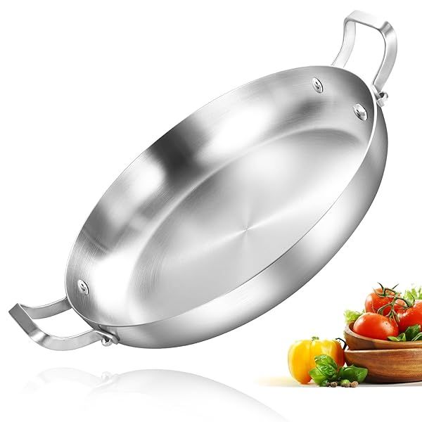 Inqibee 14 Inch Tri Ply Stainless Steel Paella Pan Large Skillet Griddle Pan Jumbo Cooker Induction Dishwasher Oven Safe Cookware
