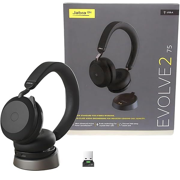 Jabra Evolve2 75 Wireless Headset: UC Stereo, Zoom Compatible, with Charging Stand & Gold Support Plan