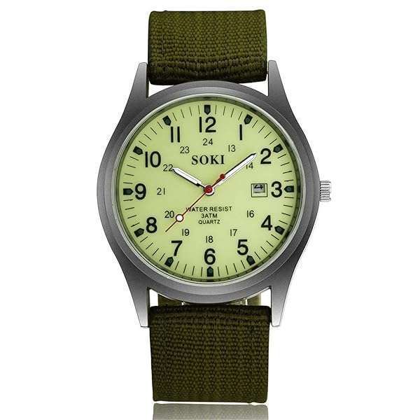 Men's Military Green Dial Quartz Watch with Nylon Strap - Luminous Night Vision Wristwatch for Christmas Gifts