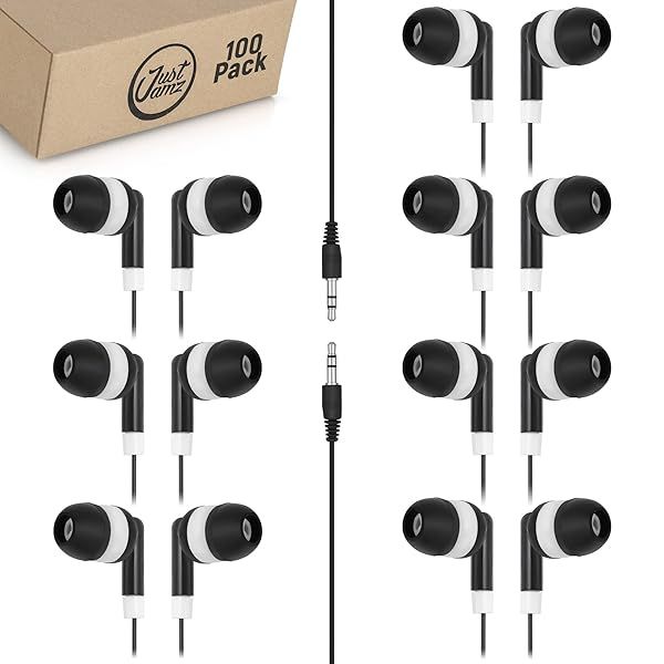 JustJamz 100 Pack Bulk Earbuds | Disposable In-Ear Headphones for Students & Classrooms - Perfect for Kids & Libraries