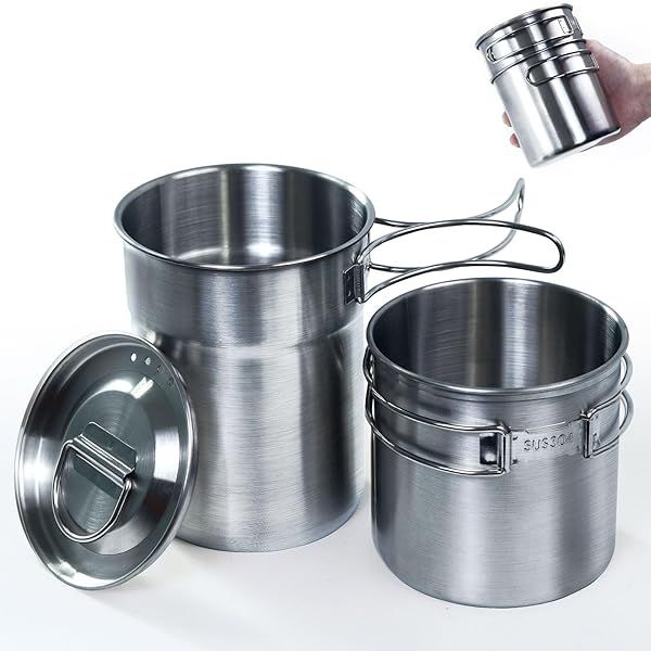 KOKKOYA 2-Piece Foldable Camping Cups & Cookware Set - 304 Stainless Steel Outdoor Cooking Gear