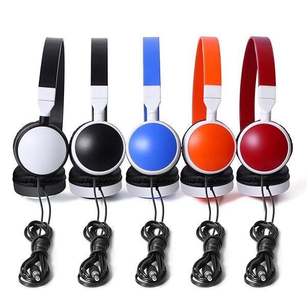 Keewonda Bulk Wired Headphones for Classroom - 5 Pack Multi-Colored Foldable Kids & Adults Headsets