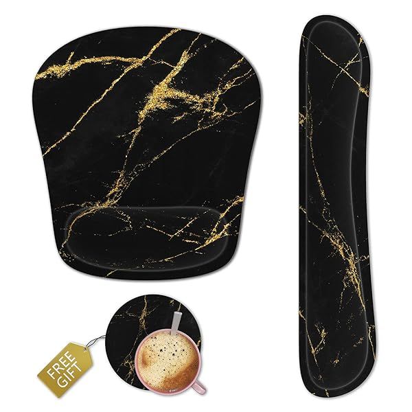 Ergonomic Memory Foam Keyboard Wrist Rest & Mouse Pad Set - Non-Slip Black Marble for Pain Relief & Easy Typing