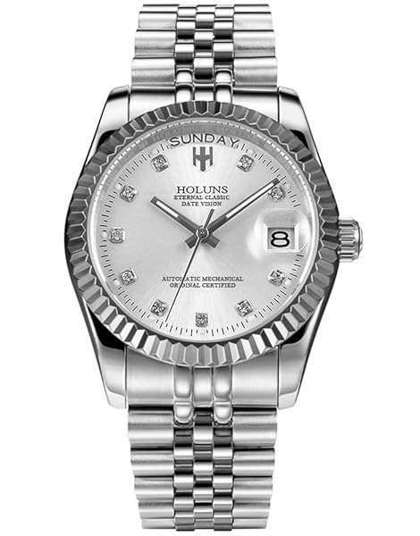 LOREO Men's Quartz Watch: Diamond Dial, Silver Stainless Steel, Waterproof Classic Dress Watch