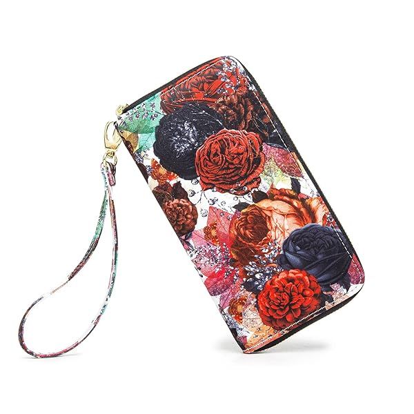 LOVESHE Women's RFID Blocking Bohemian Wallet Large Travel Purse Zip Around Clutch Wristlet Zipper Wallet for Women Red Flower Design