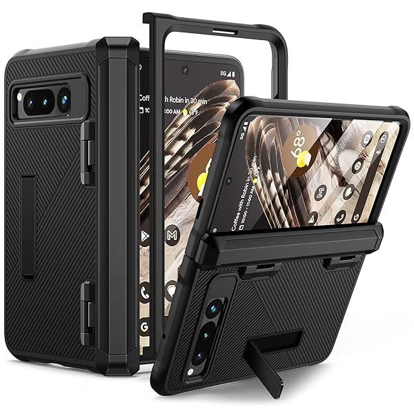 Lanhiem Google Pixel Fold Case with Built-in Screen Protector Shockproof Cover and Kickstand Black Full Body Hinge Protection