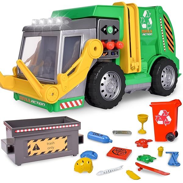 Large Motorized 19 Inch Maxx Action Garbage Truck Toy Set with Lights Sound Dumpster Trash Bin Miniature Pieces for Kids