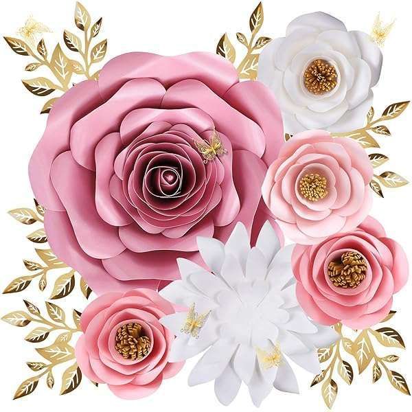 Stunning Large Paper Flower Wall Decor with Gold Butterfly for Baby Girl Nursery & Spring Tea Party