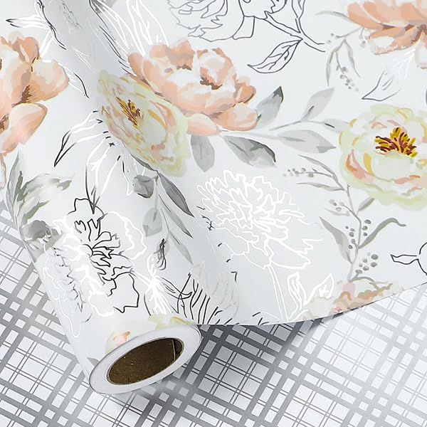LeZakaa Reversible Silver Foil Wrapping Paper Roll Silver Flower and Plaid Design for Weddings Engagements and Anniversaries 17x32.8 Feet