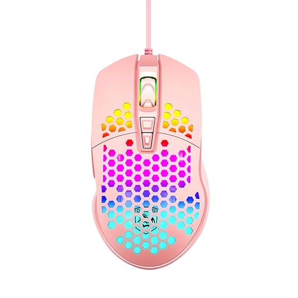 LexonElec Ultralight RGB Gaming Mouse - 6400DPI, 7 Programmable Buttons, Honeycomb Shell for PC, Xbox & PS4 (Pink)