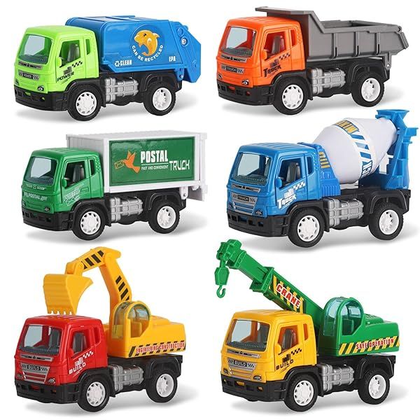 Liberty Imports 6 Pack Pullback City Builder Toy Vehicles for Kids Dump Truck Cement Mixer Garbage Truck Excavator Crane Postal Truck