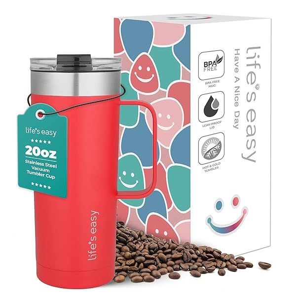 Life's Easy 20oz Stainless Steel Mug - Insulated Travel Tumbler for Hot & Cold Drinks - Leak Proof with Handle & Flip Lid (Red)