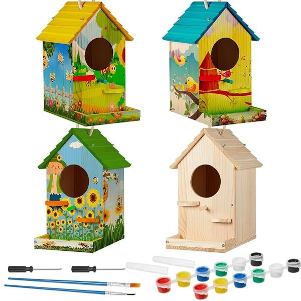 Liliful 4 Pack Birdhouse Kit DIY Wooden Bird House Arts and Crafts Painting Kits for All Ages Indoor Outdoor Fun