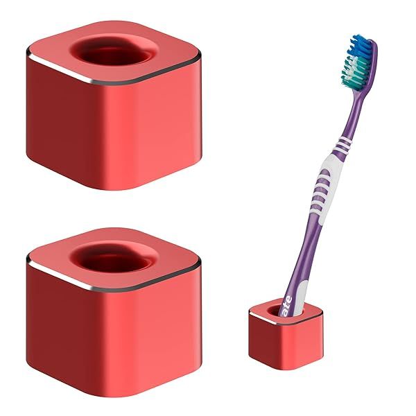 Linkidea Mini Toothbrush Holder 2-Pack: Stylish Aluminum Stand for Bathroom & Office Organization (Red)