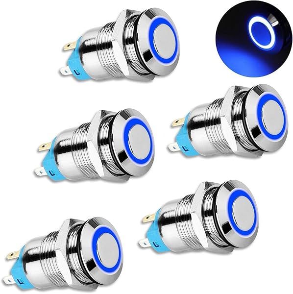 Linkstyle 5Pcs 12mm Latching Push Button Switch 12V 5A Metal Self Locking SPST ON Off with Blue LED for Devices 1/2 Inch Mounting Hole