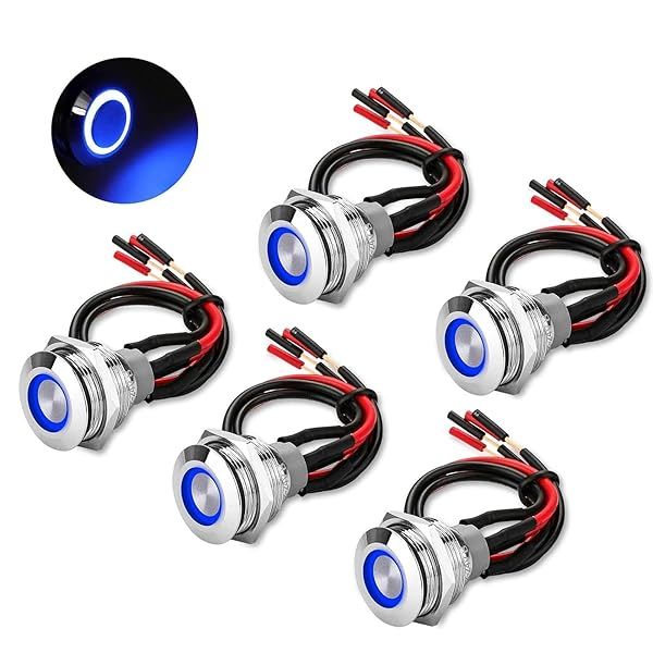 Linkstyle 19mm Latching Push Button Switch 12V Metal Self Locking SPST ON Off with Wiring Harness and Blue Light for Boat Car 5Pcs
