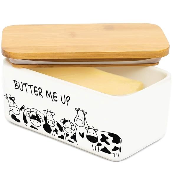 Lumicook Porcelain Butter Dish with Bamboo Lid Airtight Holder Fits 2 Sticks Perfect for Fresh Butter Storage