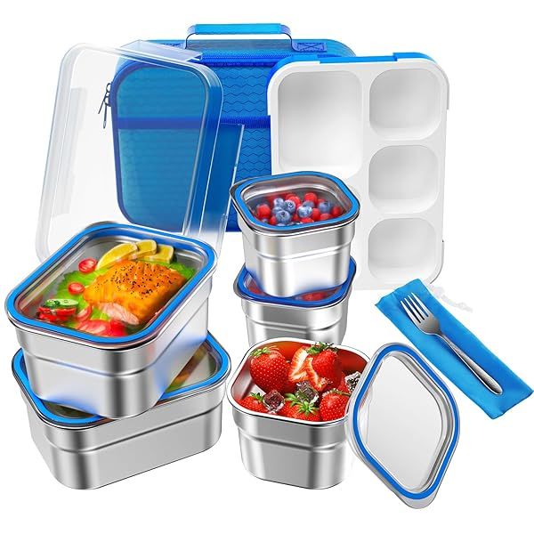 Stainless Steel Bento Lunch Box for Kids and Adults Leakproof BPA-Free 5-Compartment Tray with Fork and Lunch Bag Navy Blue