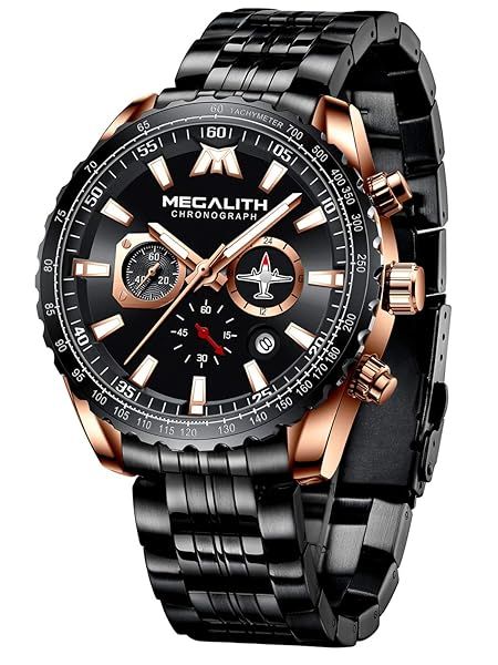 MEGALITH Mens Watches with Stainless Steel Waterproof Analog Quartz Fashion Business Chronograph Black Watch for Men, Auto Date