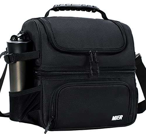 MIER Insulated Dual Compartment Lunch Bag Tote - Leakproof Cooler for Men & Women with Shoulder Strap, Black