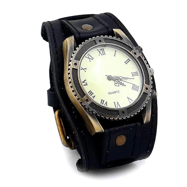 MINILUJIA Vintage Retro Punk Men's Wrist Watch - Big Face Bronze Dial & Wide Leather Cuff Band